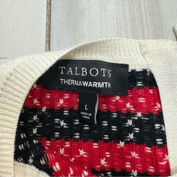 Talbots Black White Red Fair Isle Skier Thermawarmth Sweater L Large - Picture 2 of 6
